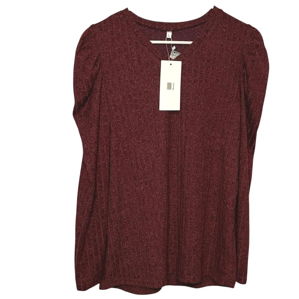 JWD Burgundy Knit Top NWT Puff Shoulder Long Sleeve Blouse Size Large